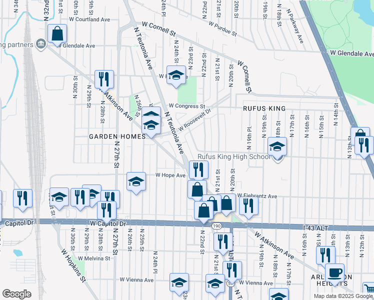 map of restaurants, bars, coffee shops, grocery stores, and more near 2307 West Olive Street in Milwaukee