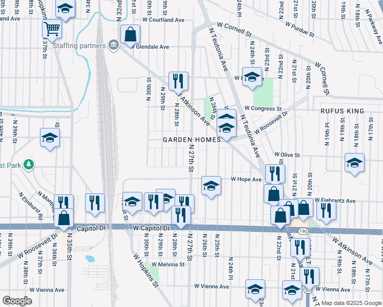 map of restaurants, bars, coffee shops, grocery stores, and more near 2629 West Roosevelt Drive in Milwaukee