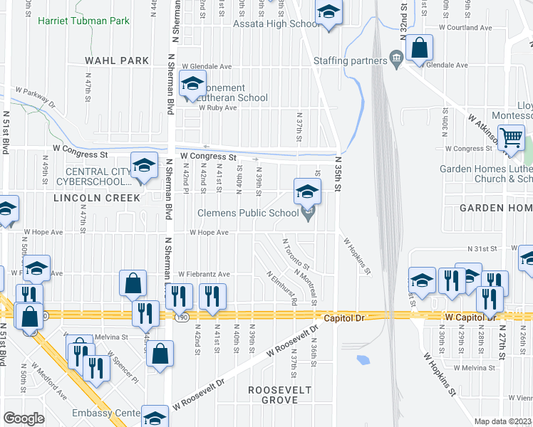 map of restaurants, bars, coffee shops, grocery stores, and more near 4270 North 39th Street in Milwaukee