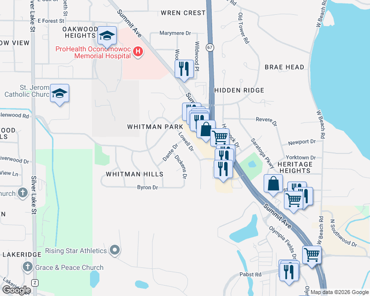map of restaurants, bars, coffee shops, grocery stores, and more near 1051 Lowell Drive in Oconomowoc