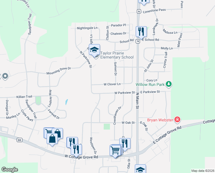 map of restaurants, bars, coffee shops, grocery stores, and more near 407 West Clover Lane in Cottage Grove