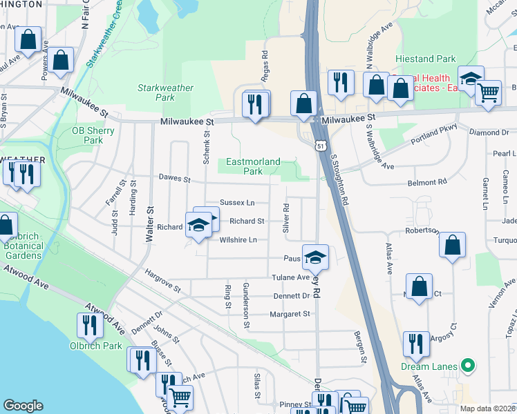 map of restaurants, bars, coffee shops, grocery stores, and more near 3717 Dawes Street in Madison