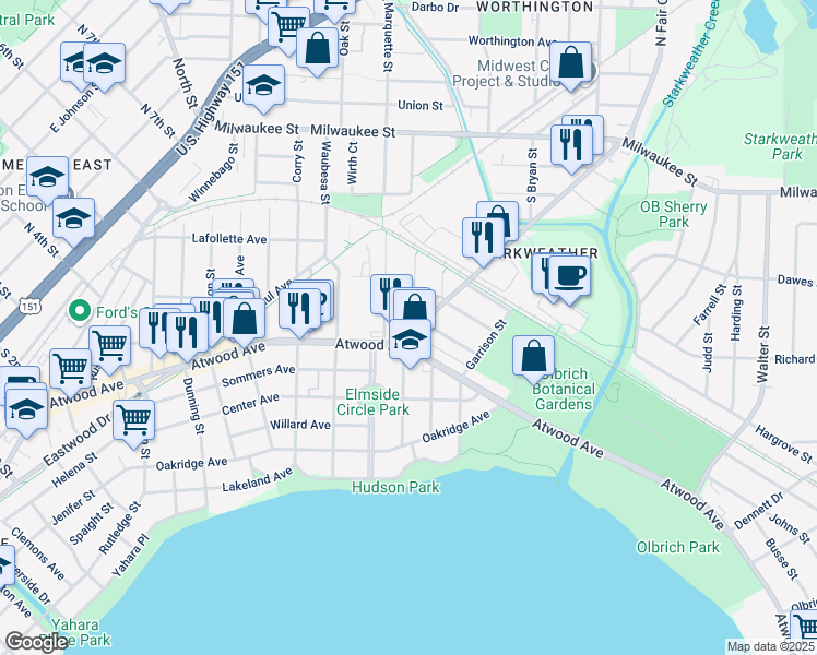 map of restaurants, bars, coffee shops, grocery stores, and more near 201 Dixon Street in Madison