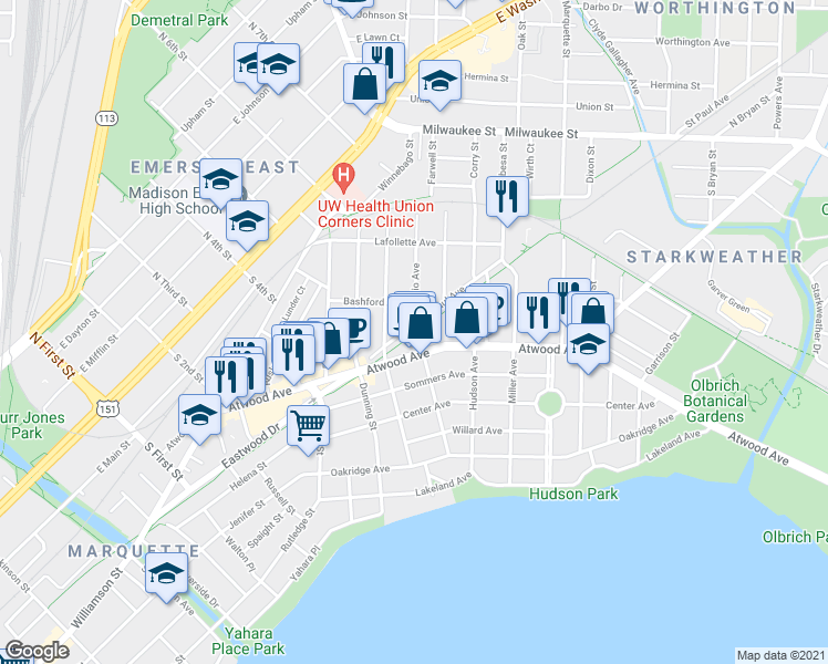 map of restaurants, bars, coffee shops, grocery stores, and more near Ohio Avenue in Madison