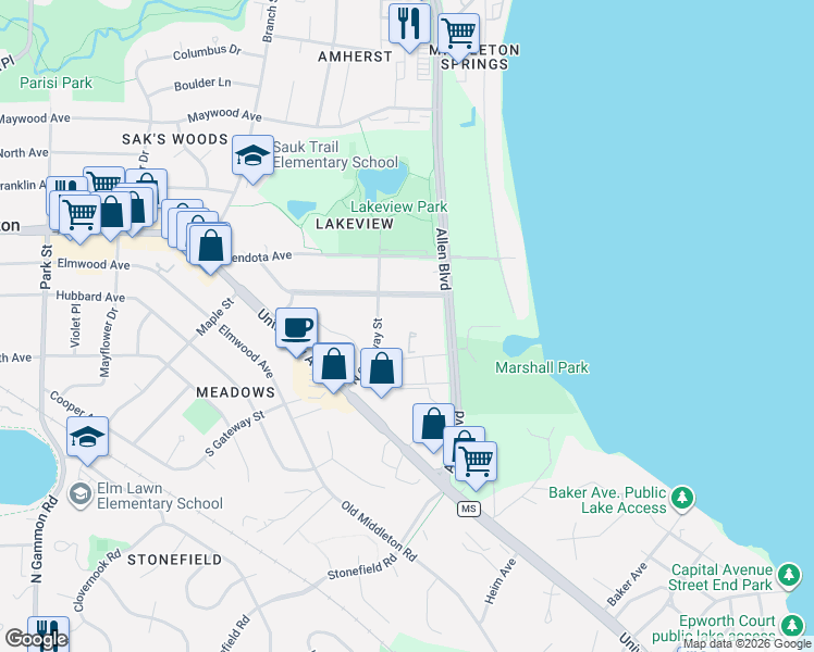 map of restaurants, bars, coffee shops, grocery stores, and more near 6211 Lakeview Boulevard in Middleton
