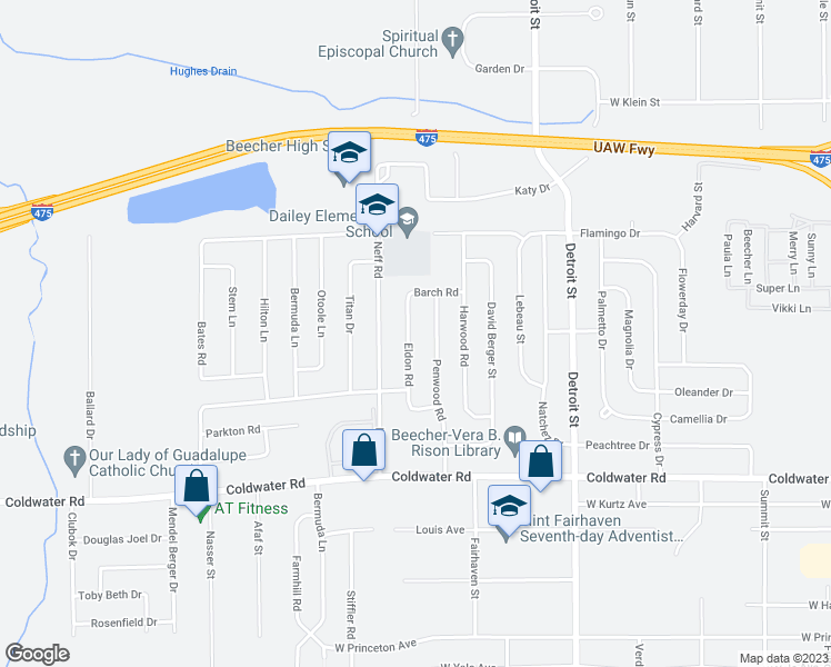map of restaurants, bars, coffee shops, grocery stores, and more near 6148 Eldon Road in Mount Morris