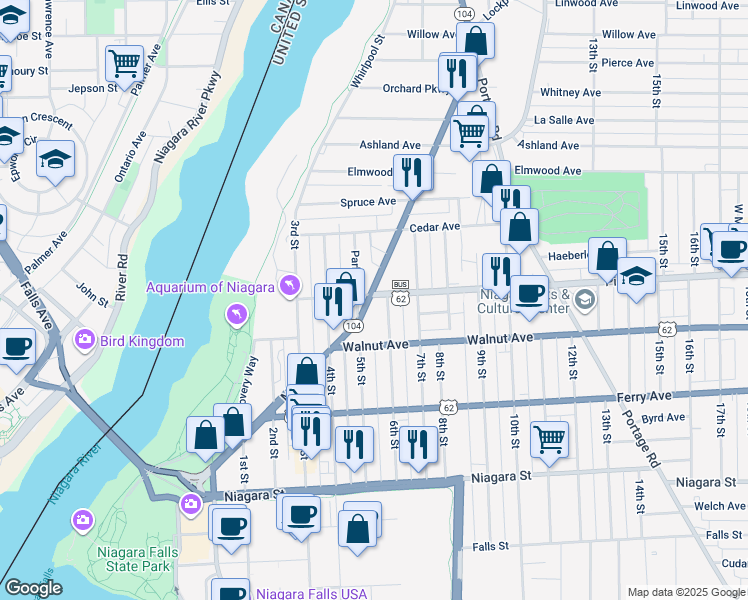 map of restaurants, bars, coffee shops, grocery stores, and more near 717 Main Street in Niagara Falls