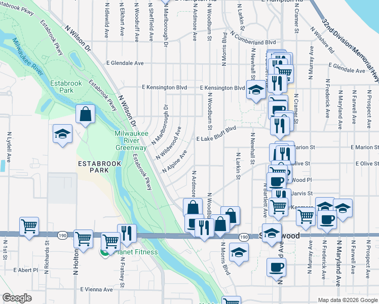 map of restaurants, bars, coffee shops, grocery stores, and more near 4385 North Alpine Avenue in Shorewood