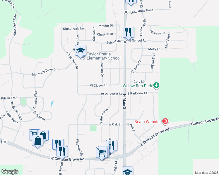 map of restaurants, bars, coffee shops, grocery stores, and more near 300 West Clover Lane in Cottage Grove