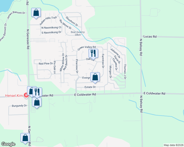 map of restaurants, bars, coffee shops, grocery stores, and more near 299 Oak Lane in Flint