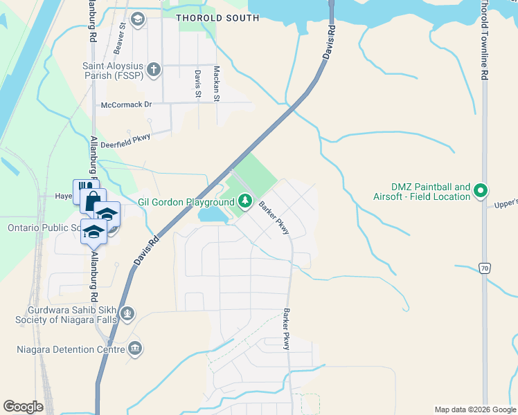 map of restaurants, bars, coffee shops, grocery stores, and more near 1 Sunset Way in Thorold