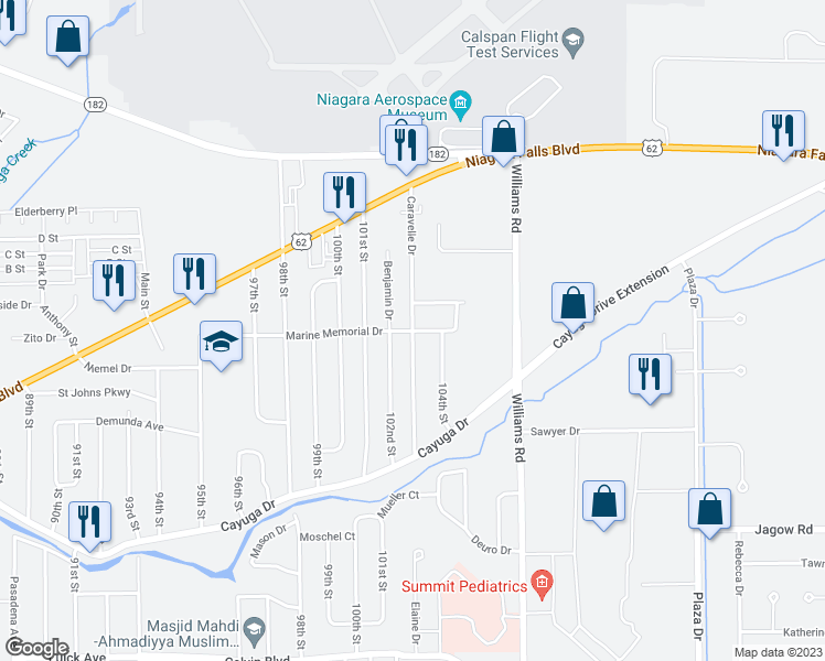 map of restaurants, bars, coffee shops, grocery stores, and more near 1500 Caravelle Drive in Niagara Falls