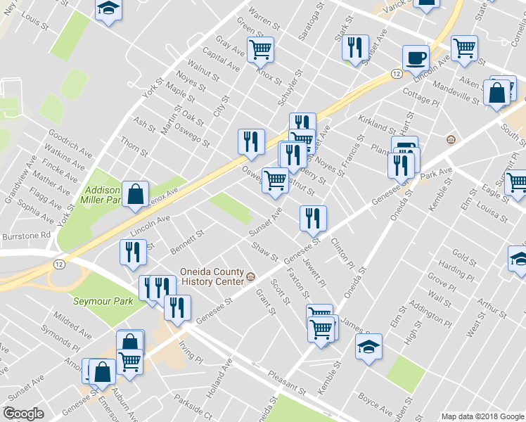 map of restaurants, bars, coffee shops, grocery stores, and more near 806 Watson Place in Utica