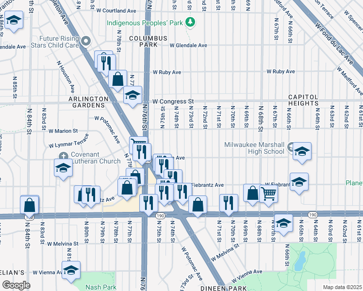 map of restaurants, bars, coffee shops, grocery stores, and more near 4267 North 73rd Street in Milwaukee