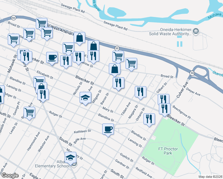 map of restaurants, bars, coffee shops, grocery stores, and more near 1303 Bleecker Street in Utica