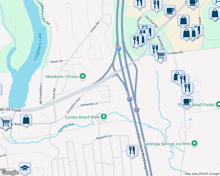 map of restaurants, bars, coffee shops, grocery stores, and more near 295 Excelsior Avenue in Saratoga Springs