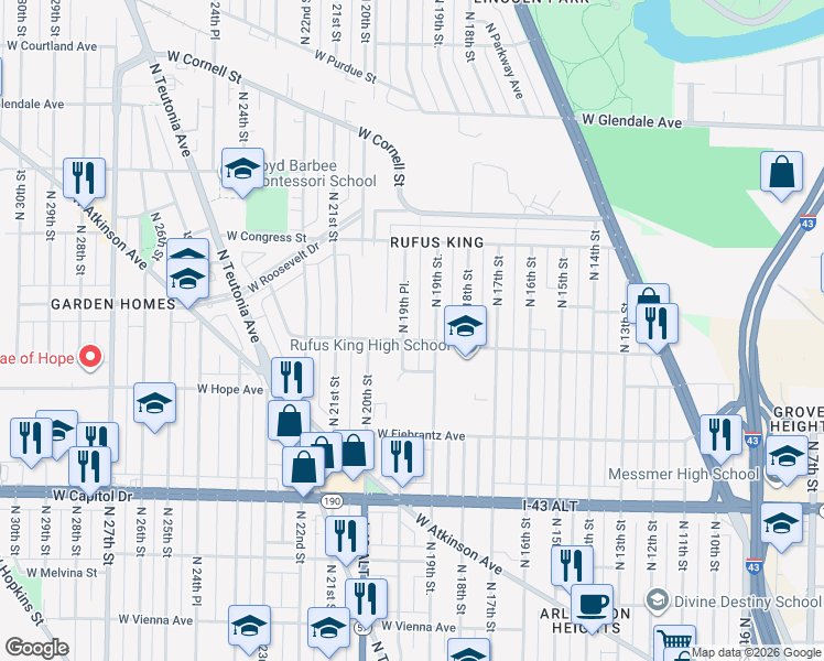 map of restaurants, bars, coffee shops, grocery stores, and more near 4237 North 19th Street in Milwaukee