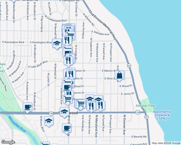 map of restaurants, bars, coffee shops, grocery stores, and more near 2102 East Marion Street in Shorewood