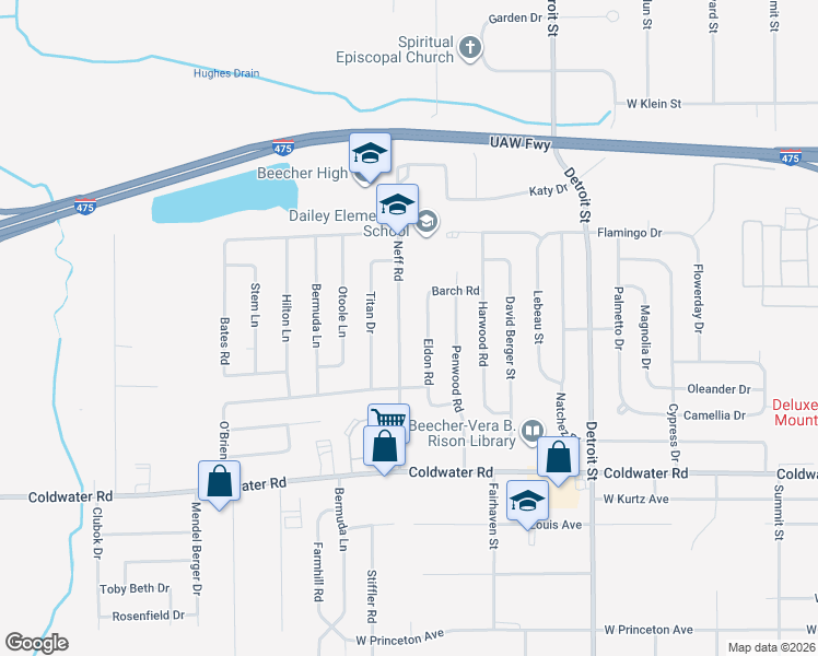 map of restaurants, bars, coffee shops, grocery stores, and more near 6168 Neff Road in Mount Morris Township