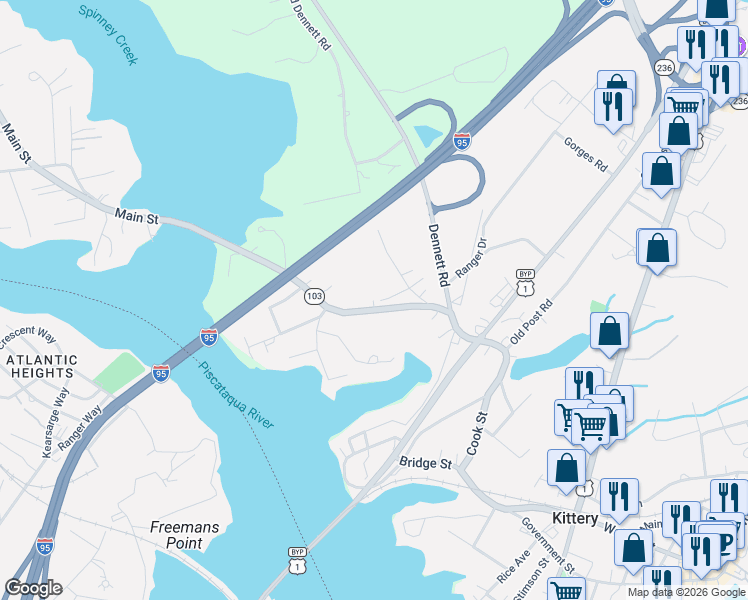 map of restaurants, bars, coffee shops, grocery stores, and more near 25 Old Dennett Road in Kittery