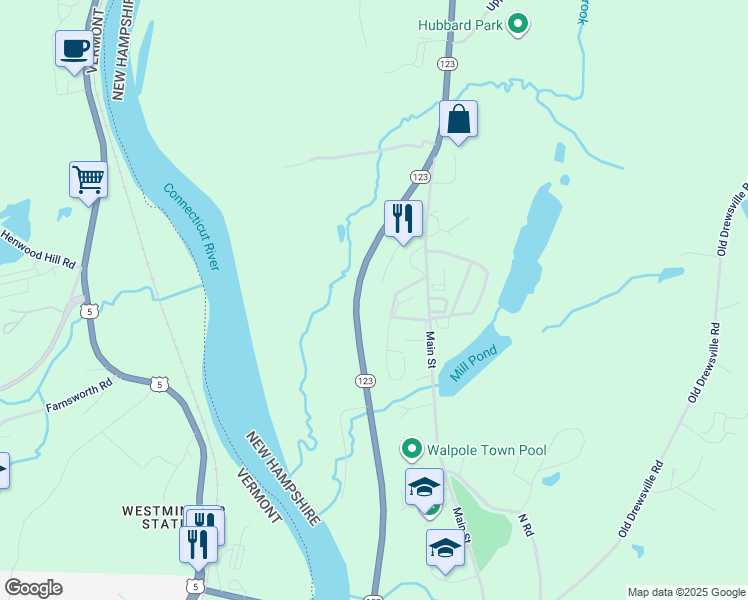 map of restaurants, bars, coffee shops, grocery stores, and more near 42 Potato Barn Road in Walpole