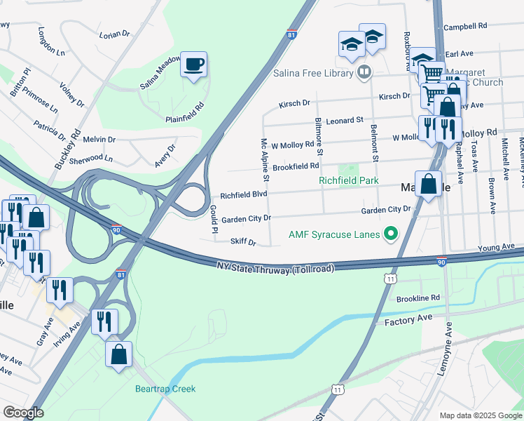 map of restaurants, bars, coffee shops, grocery stores, and more near 403 Richfield Boulevard in Mattydale