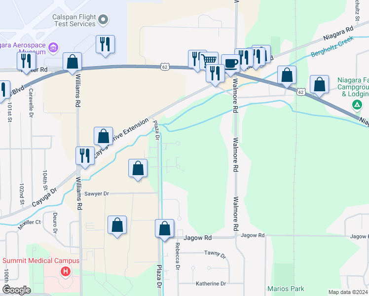 map of restaurants, bars, coffee shops, grocery stores, and more near 2185 Amy Drive in Niagara Falls