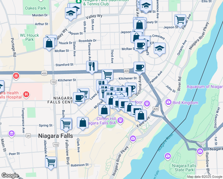 map of restaurants, bars, coffee shops, grocery stores, and more near 5478 Lewis Avenue in Niagara Falls