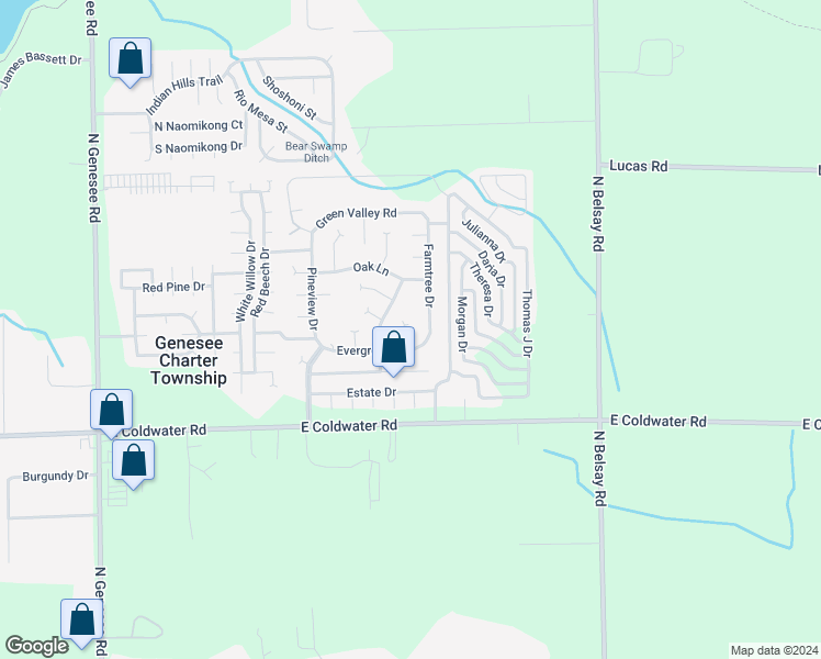 map of restaurants, bars, coffee shops, grocery stores, and more near 299 Oak Lane in Flint