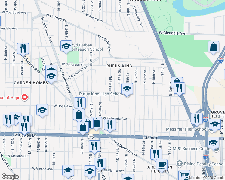 map of restaurants, bars, coffee shops, grocery stores, and more near 4237 North 19th Street in Milwaukee