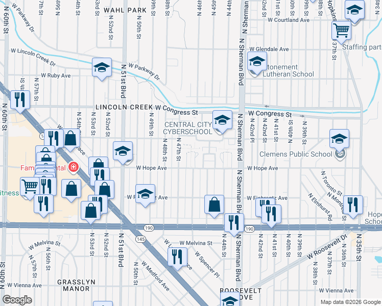 map of restaurants, bars, coffee shops, grocery stores, and more near 4515 West Marion Street in Milwaukee