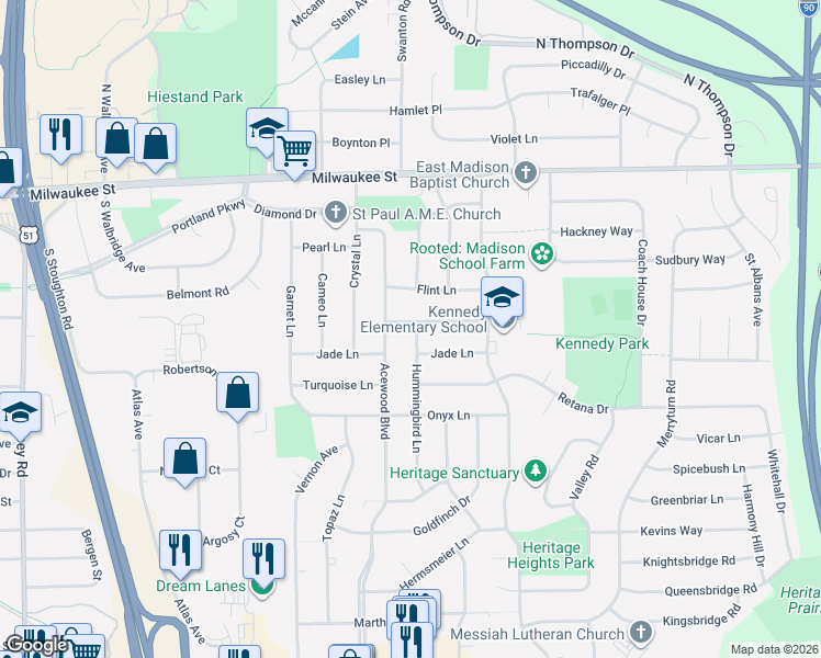 map of restaurants, bars, coffee shops, grocery stores, and more near 4614 Agate Lane in Madison