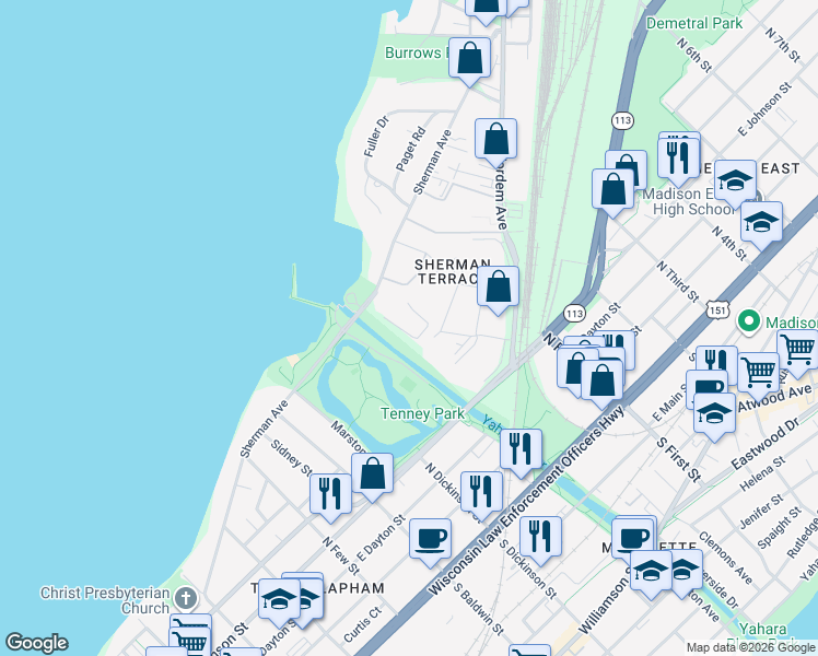 map of restaurants, bars, coffee shops, grocery stores, and more near 17 Sherman Terrace in Madison