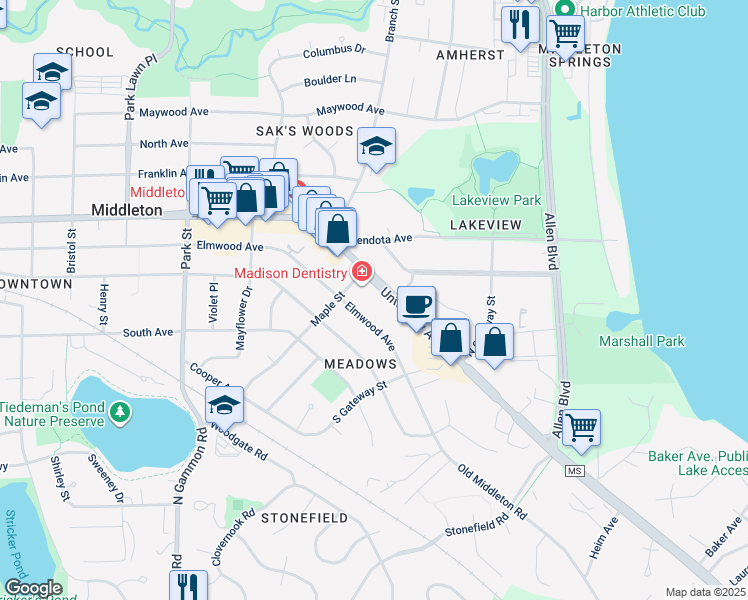 map of restaurants, bars, coffee shops, grocery stores, and more near 6504 University Avenue in Middleton