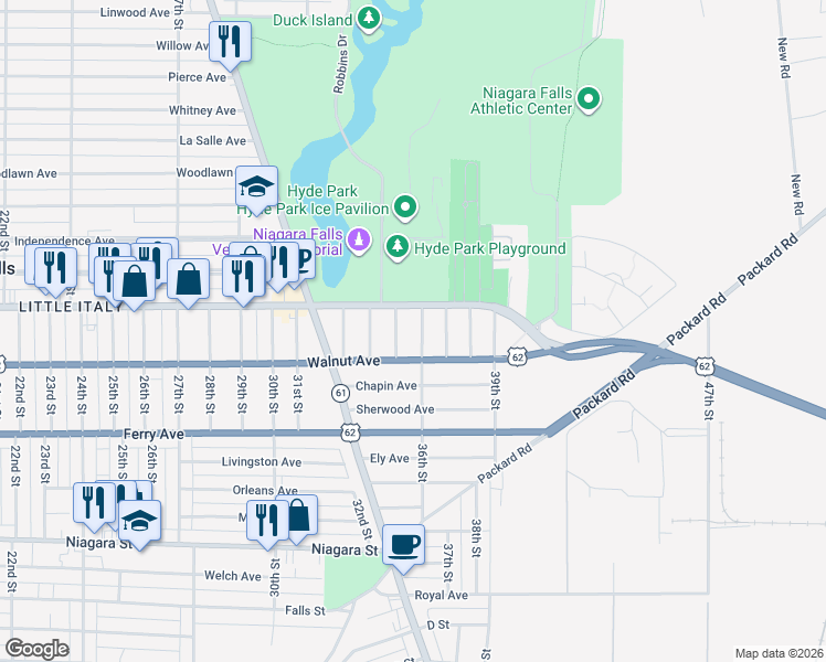 map of restaurants, bars, coffee shops, grocery stores, and more near 3519 U.S. 62 Business in Niagara Falls