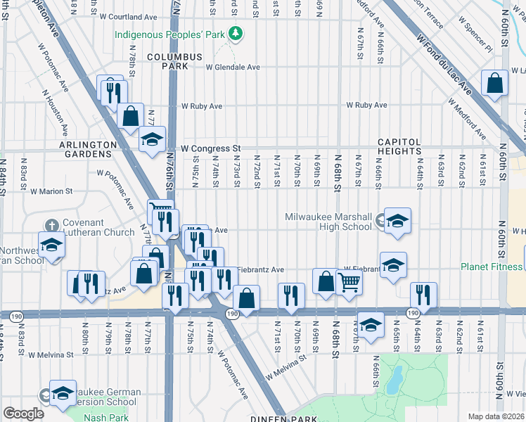 map of restaurants, bars, coffee shops, grocery stores, and more near 4261 North 72nd Street in Milwaukee