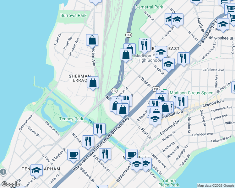 map of restaurants, bars, coffee shops, grocery stores, and more near 1915 East Johnson Street in Madison