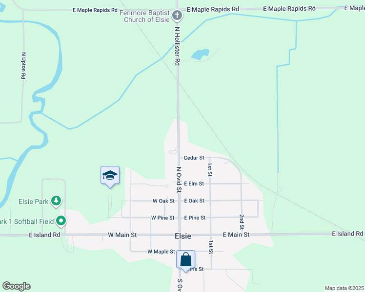 map of restaurants, bars, coffee shops, grocery stores, and more near 522 North Ovid Street in Elsie