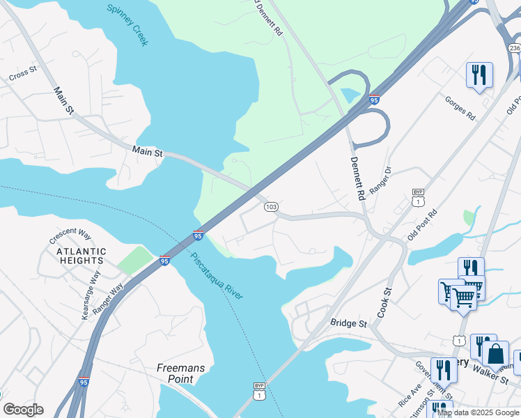 map of restaurants, bars, coffee shops, grocery stores, and more near 62 South Eliot Road in Kittery