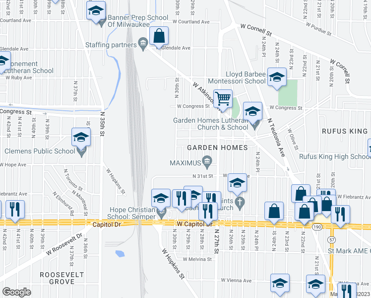 map of restaurants, bars, coffee shops, grocery stores, and more near 4277 North 29th Street in Milwaukee