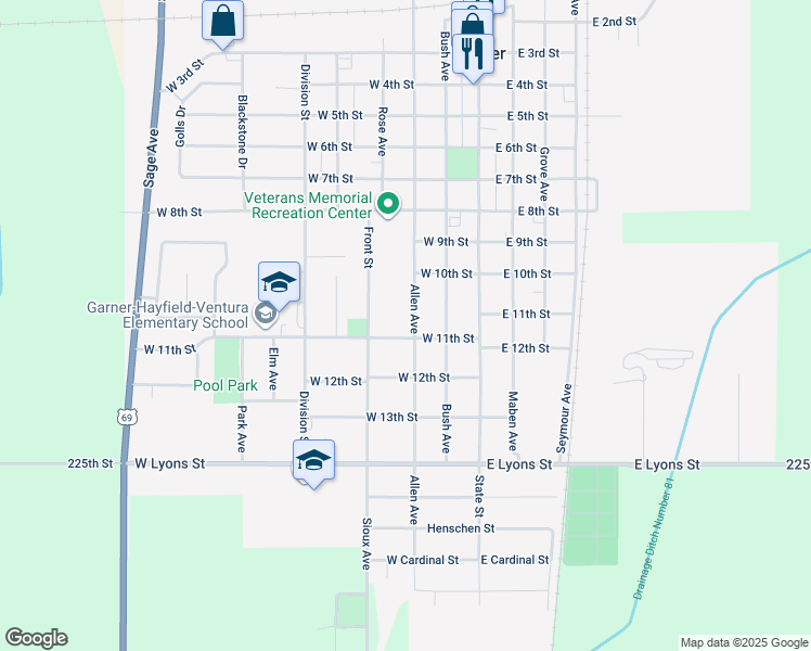 map of restaurants, bars, coffee shops, grocery stores, and more near 1055 Allen Avenue in Garner