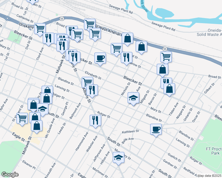 map of restaurants, bars, coffee shops, grocery stores, and more near 917 Mary Street in Utica
