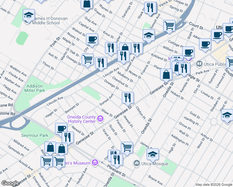 map of restaurants, bars, coffee shops, grocery stores, and more near 1509 Sunset Avenue in Utica