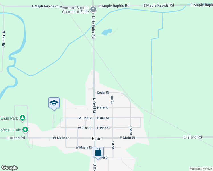 map of restaurants, bars, coffee shops, grocery stores, and more near 522 North Ovid Street in Elsie