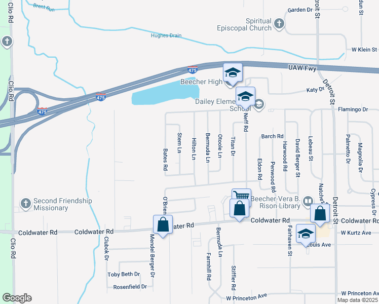 map of restaurants, bars, coffee shops, grocery stores, and more near 6161 Hilton Lane in Mount Morris Township