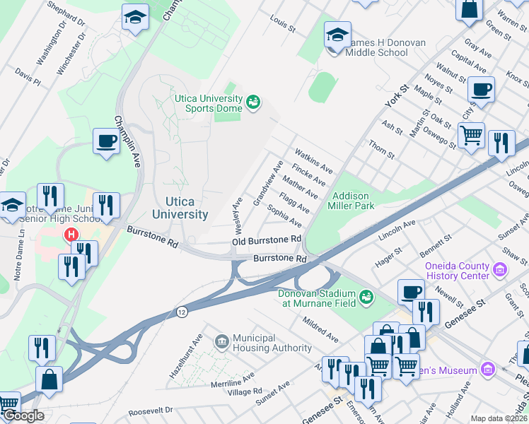 map of restaurants, bars, coffee shops, grocery stores, and more near in Utica