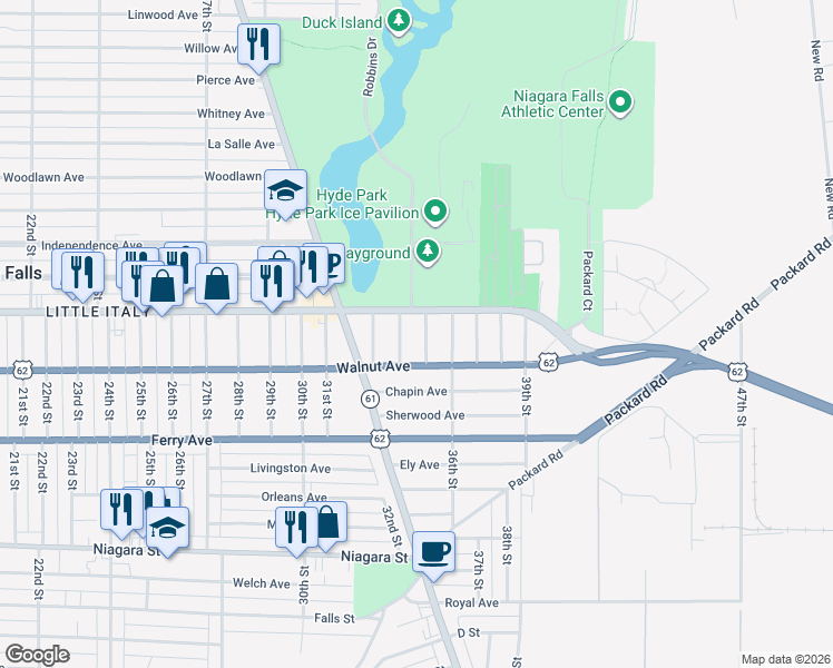map of restaurants, bars, coffee shops, grocery stores, and more near 3411 U.S. 62 Business in Niagara Falls