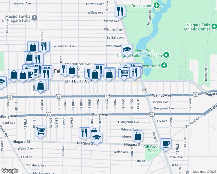 map of restaurants, bars, coffee shops, grocery stores, and more near 2701 Pine Avenue in Niagara Falls