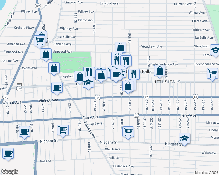 map of restaurants, bars, coffee shops, grocery stores, and more near 1615 Pine Avenue in Niagara Falls