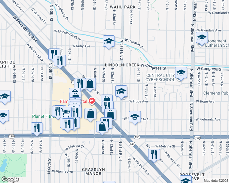 map of restaurants, bars, coffee shops, grocery stores, and more near 4266 North 52nd Street in Milwaukee